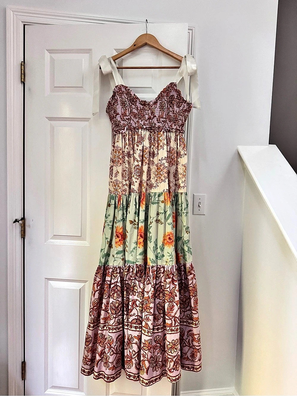 Free People Bluebell Maxi Dress Floral Pink & Green Bow Straps Size Medium EUC